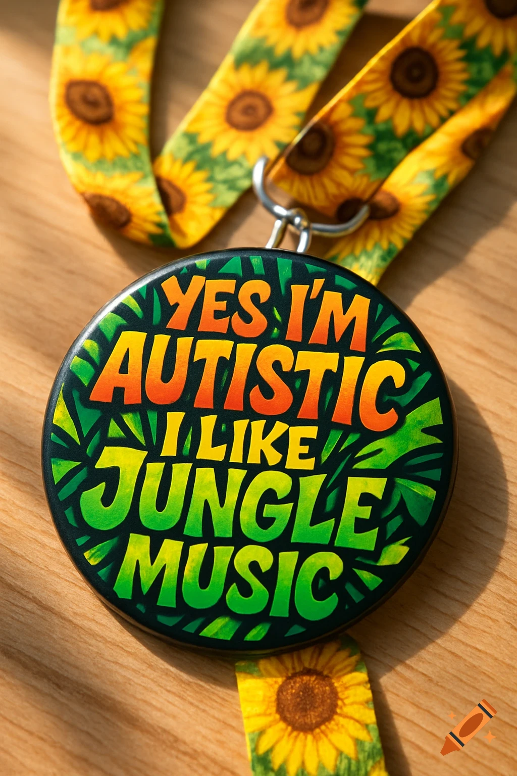 Close-up of a black badge with orange and green text 'YES I'M AUTISTIC I LIKE JUNGLE MUSIC' on a sunflower lanyard, photorealistic.