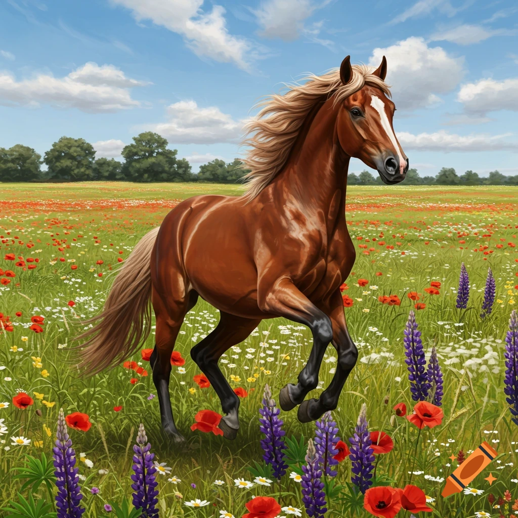 A brown horse with a blonde mane gallops through a sunny field of red poppies, purple lupines, and white daisies.