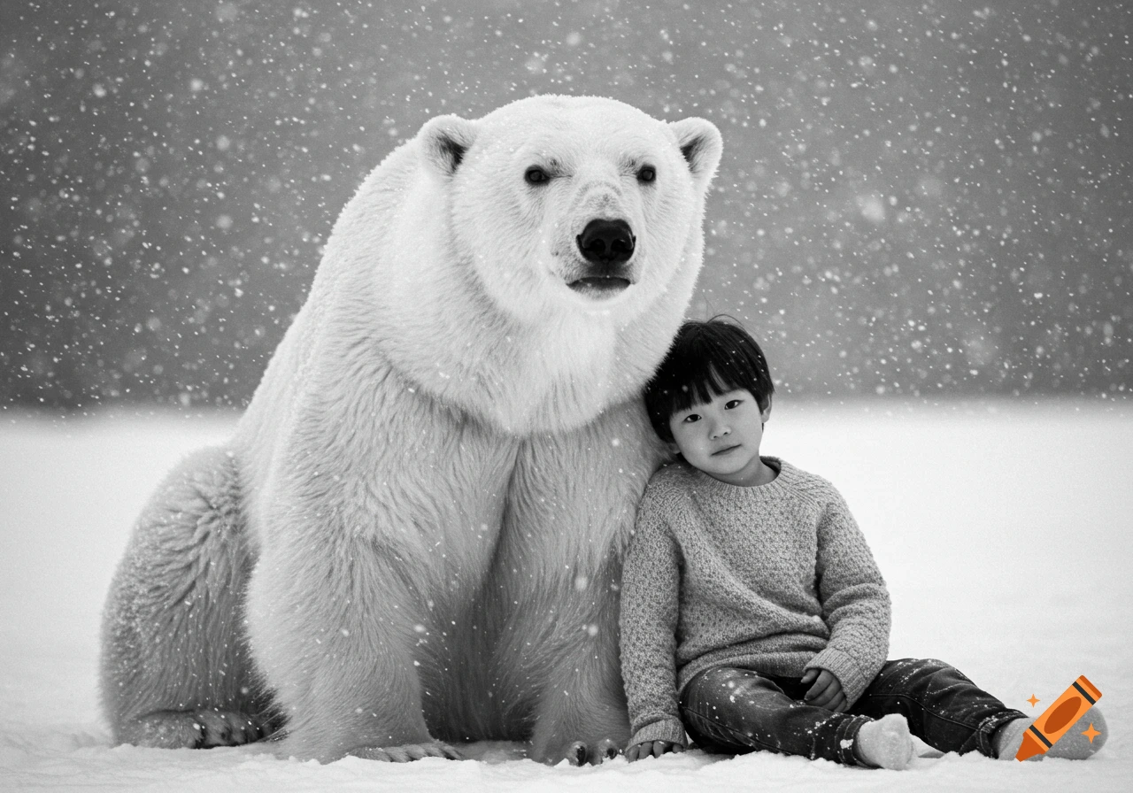 A black and white image of a child and a large polar bear sitting together in falling snow.