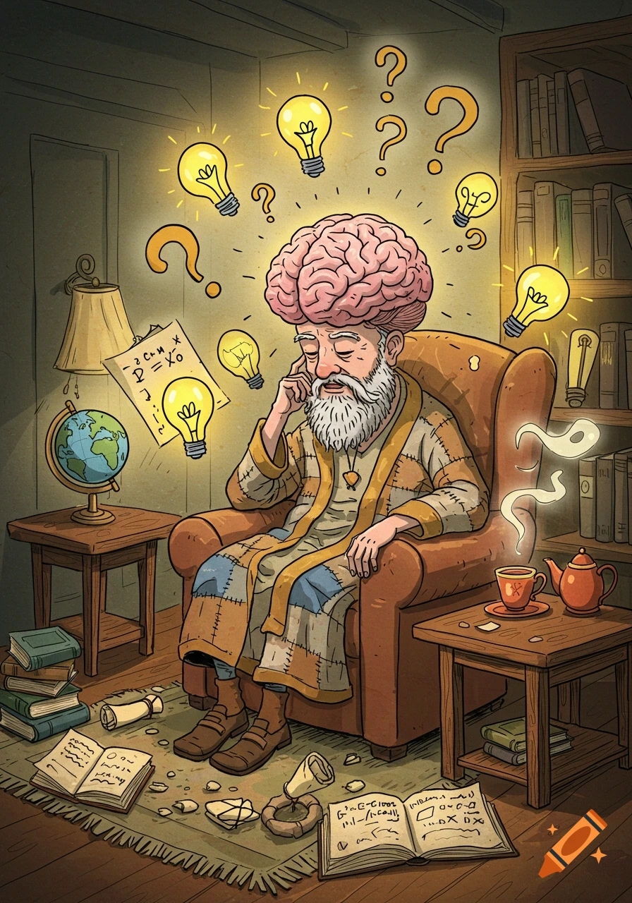 A bearded man with a large brain on his head sits in an armchair, surrounded by books, lightbulbs, and question marks, in a cartoon doodle style.