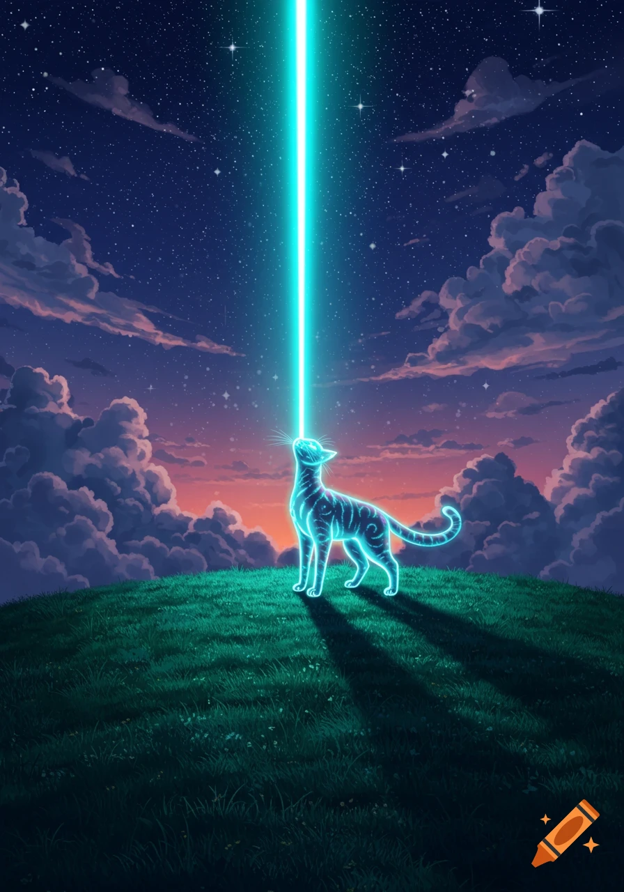 A glowing blue cat on a grassy hill shoots a bright laser beam into a star-filled sky with pink and purple clouds.