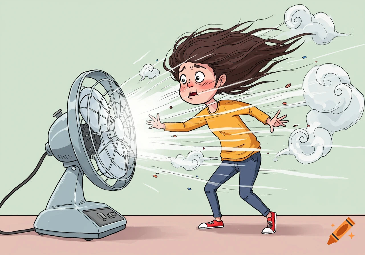 A cartoon illustration shows a person being dramatically blown backwards by a large fan, with their hair and clothing rippling from the force.