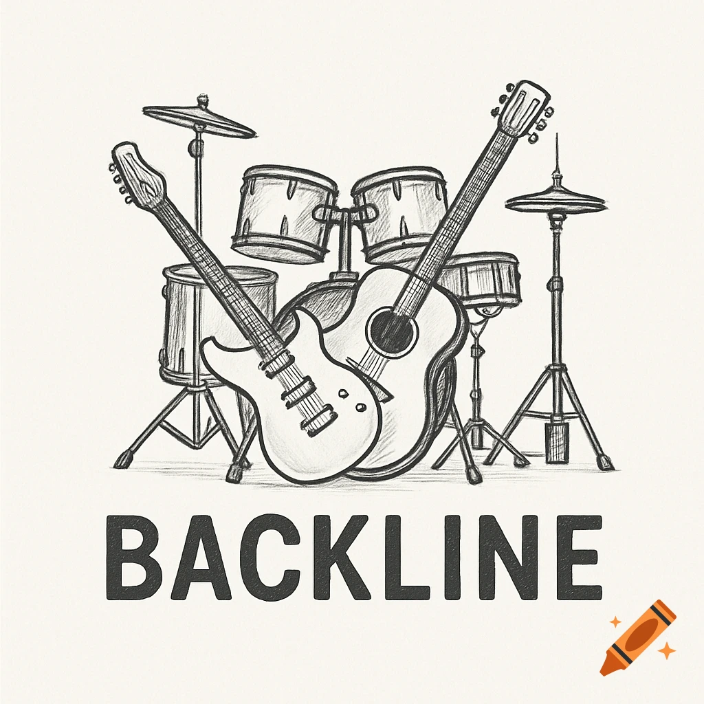 A black and white sketch logo of a drum kit and two guitars with the word BACKLINE below.