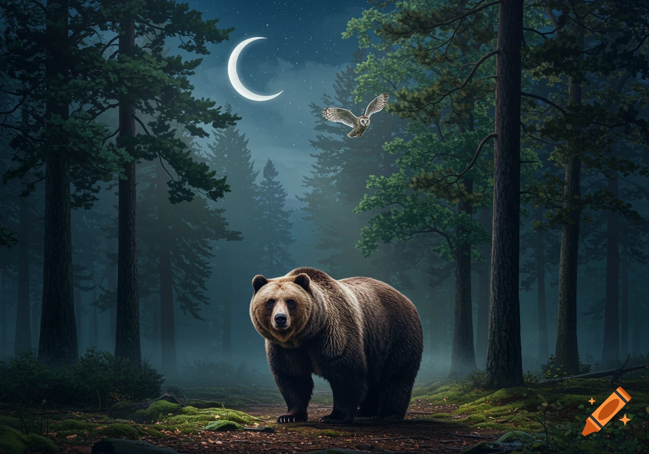 A brown bear stands in a dark forest at night under a crescent moon, with an owl flying overhead.