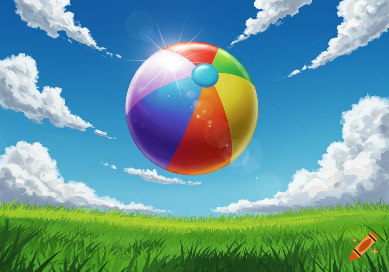 A vibrant, multicolored beach ball floats above a green grassy field under a bright blue sky with white clouds.