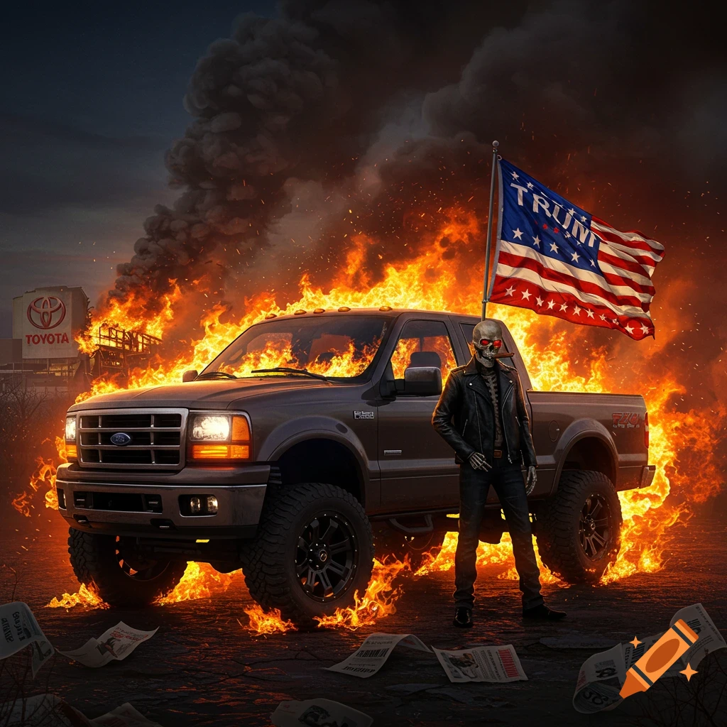 A lifted brown Ford truck ablaze, a skeleton in a leather jacket stands beside it holding a cigar, with a TRUMP flag and burning Toyota factory in background.