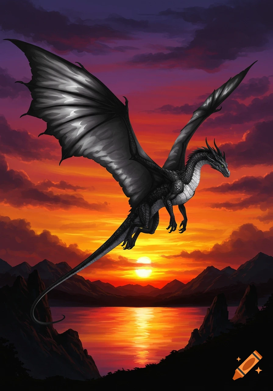 A black and white dragon with outstretched wings soars over a reflective lake at sunset, with mountains in the background.