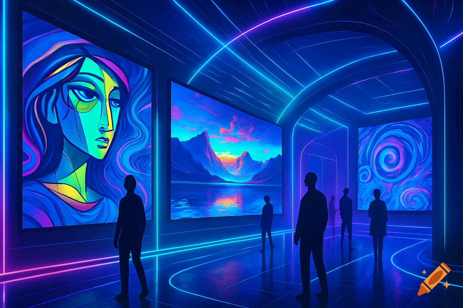 A futuristic art gallery glows with neon blue and magenta lights, displaying vibrant digital artworks on large screens, with silhouetted figures observing them.