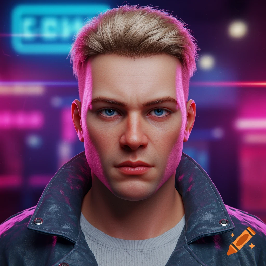 Close-up portrait of a young man with blond, close-cropped hair and blue eyes, illuminated by neon pink and blue lights.