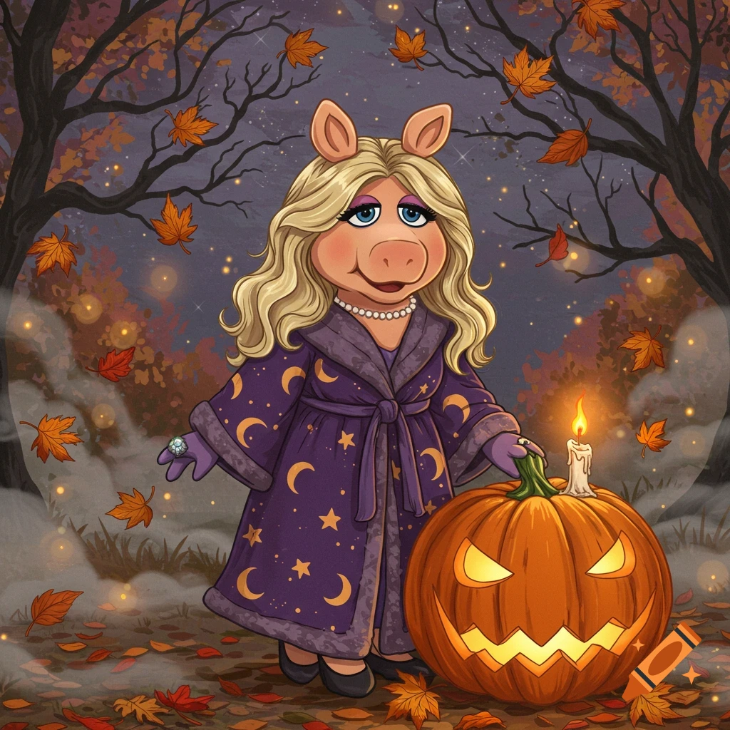 Illustration of Miss Piggy in a purple robe with moons and stars, standing in an autumn forest next to a lit jack-o'-lantern.
