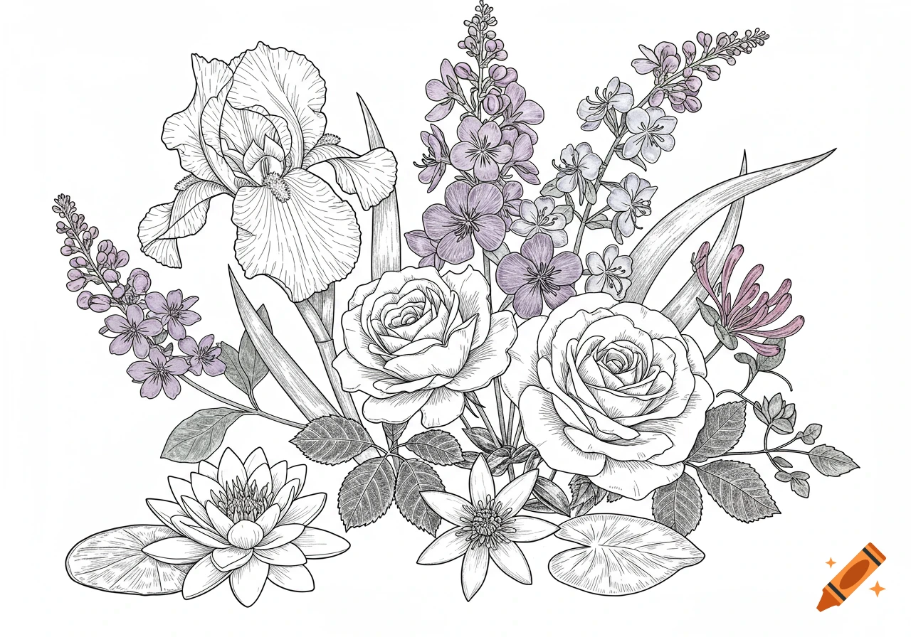 Line drawing of an assortment of flowers including irises, roses, water lilies, and other blossoms.