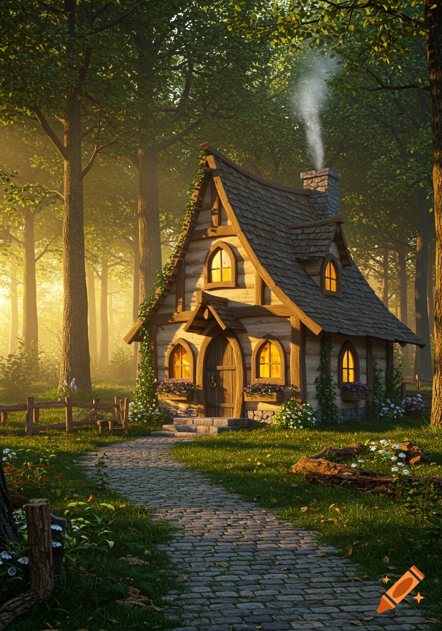 A charming, whimsical cottage with a tall, pointed roof and glowing windows sits amidst a sunlit forest, with a stone path leading to its door.