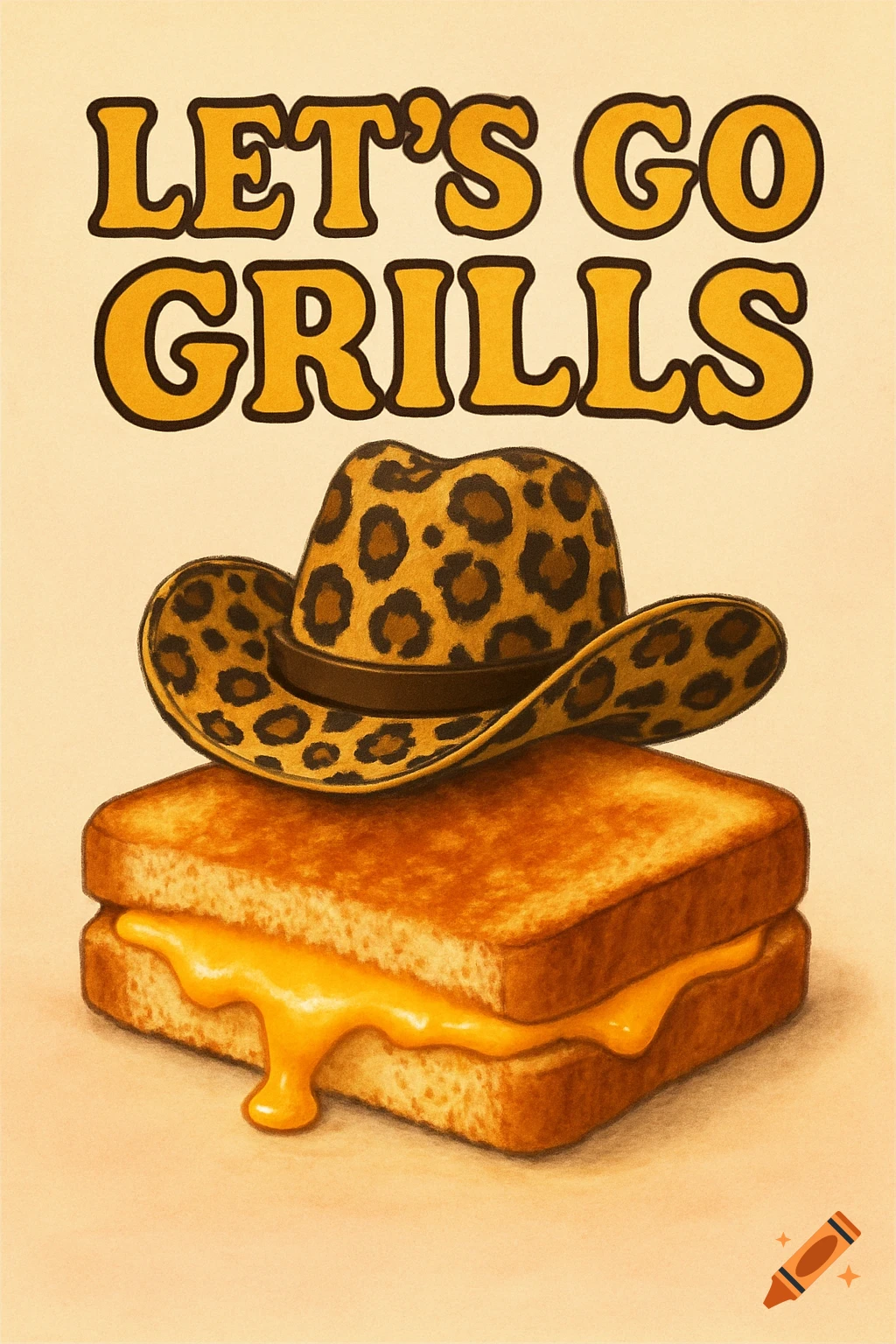 Grilled cheese sandwich with melted cheese and a leopard print cowboy hat. Text 'LET'S GO GRILLS' in retro style.