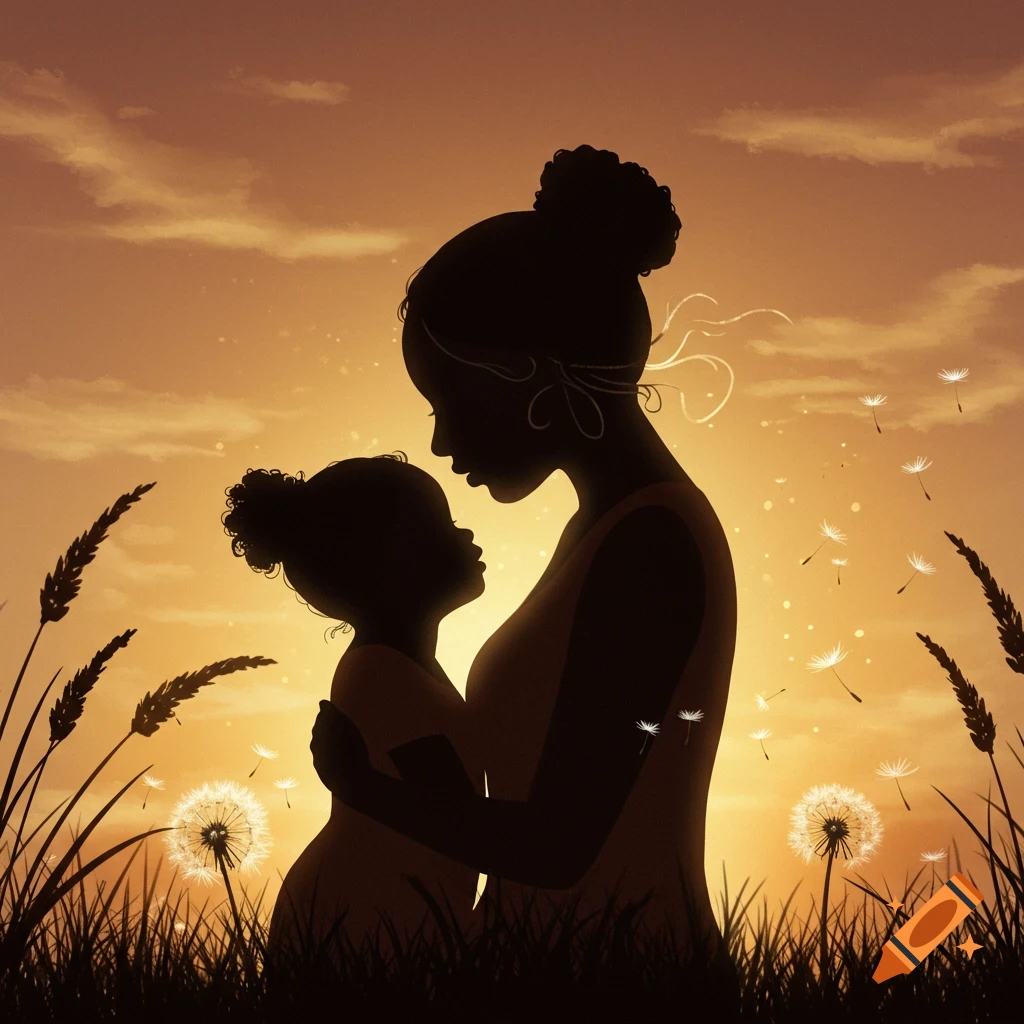 Silhouette of a mother and child embracing in a field of dandelions at sunset.
