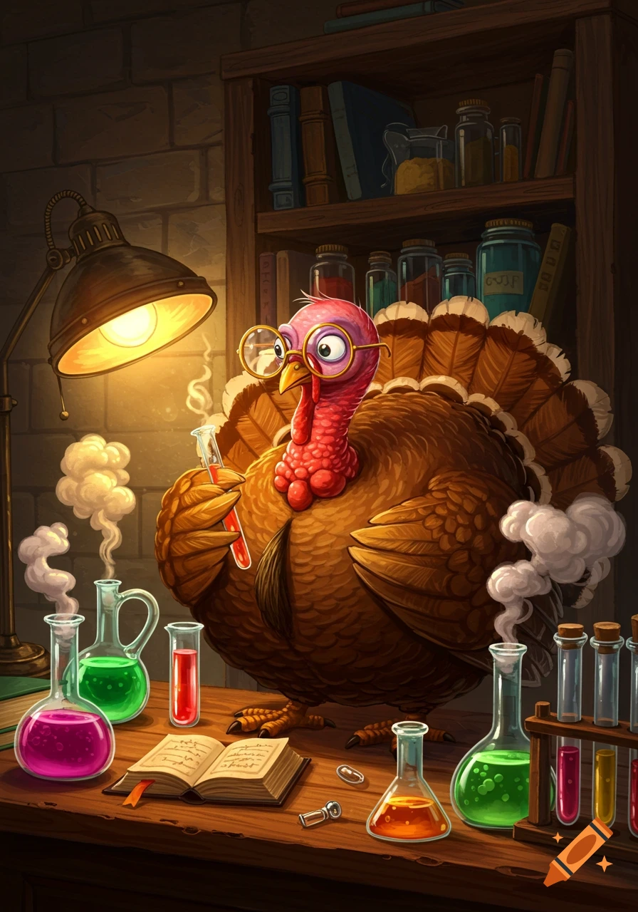 A whimsical, cartoonish turkey wearing glasses conducts chemistry experiments in a dimly lit laboratory, holding a test tube near bubbling beakers on a wooden table.