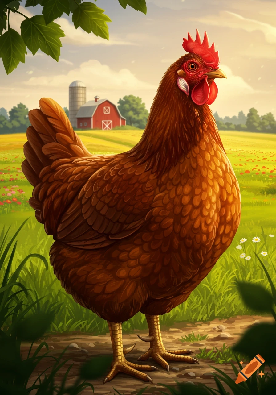 An illustrative image of a brown chicken standing in a green field with a red barn and silo in the background.