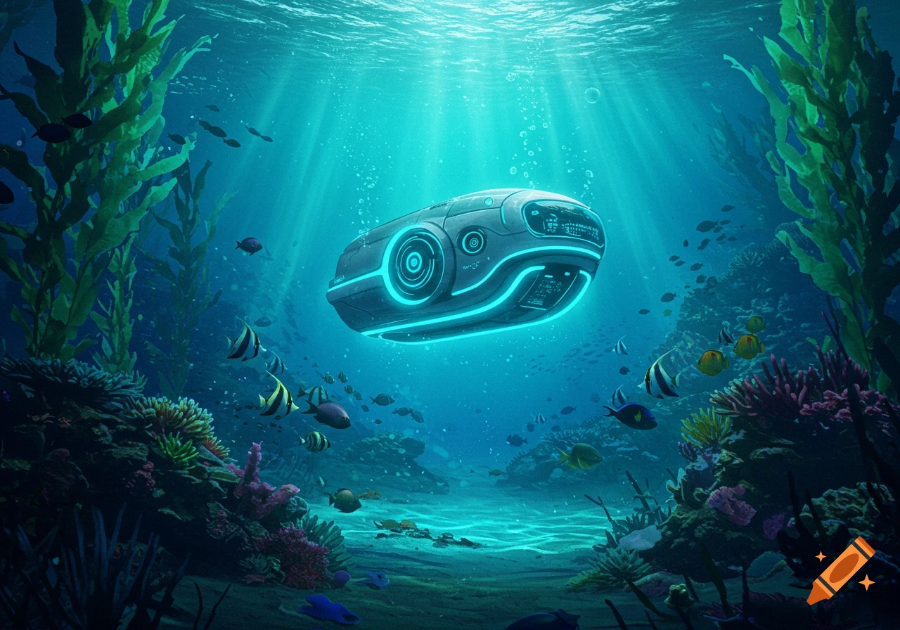 A futuristic underwater vessel with glowing blue lights floats amidst vibrant coral reefs, kelp, and tropical fish in a sunlit ocean.