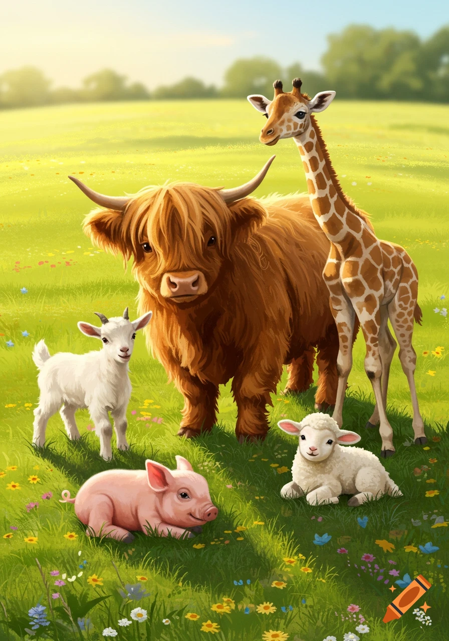 An illustration of a fluffy cow, baby goat, baby giraffe, baby pig, and fluffy lamb in a sunny green field with wildflowers.