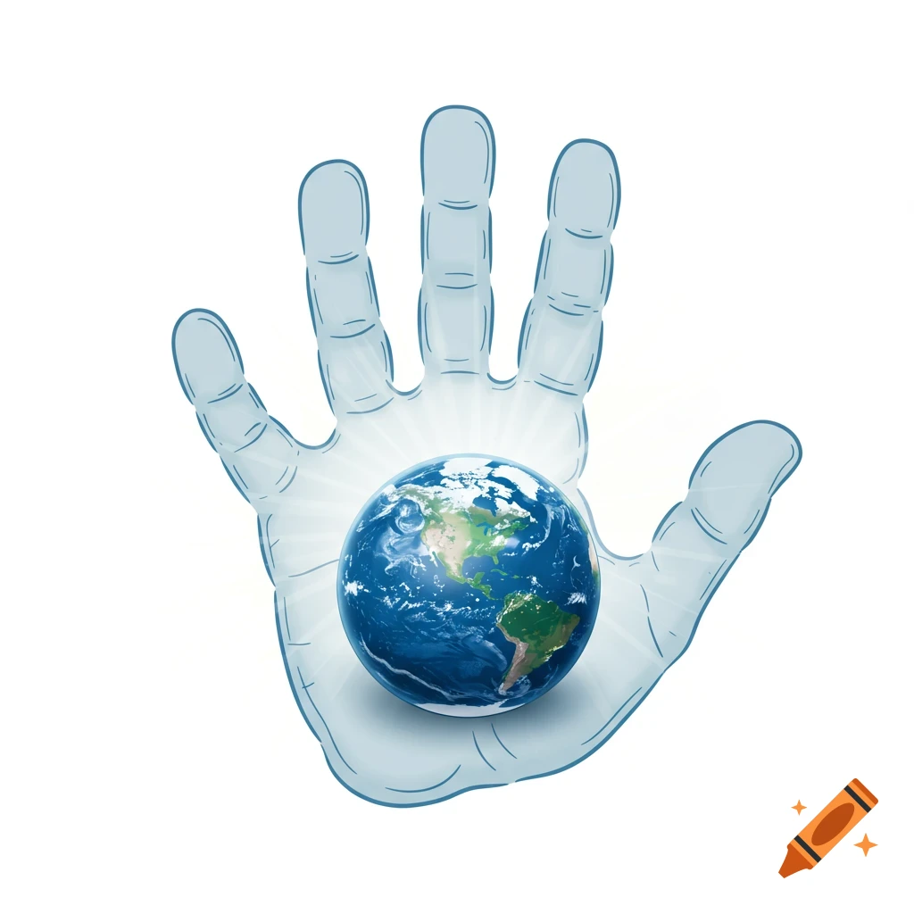 A stylized light blue hand holding a detailed Earth with light rays emanating from behind it, on a white background.