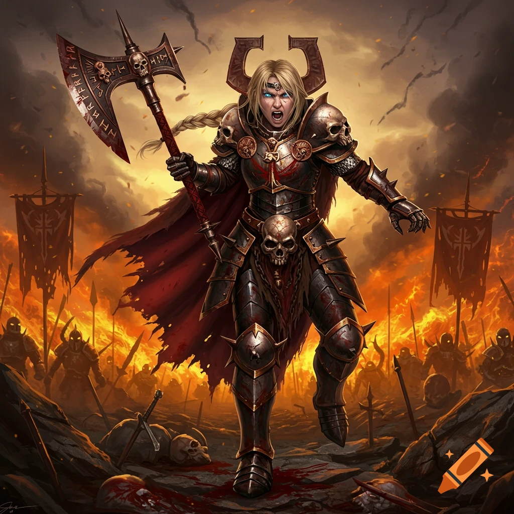 A fierce female warrior in spiked black and red armor, with a braided blonde ponytail, yells while holding a large, bloody axe. She stands on a battlefield strewn with skulls and blood, amidst raging fires and silhouetted enemy warriors, in a fantastical art style.