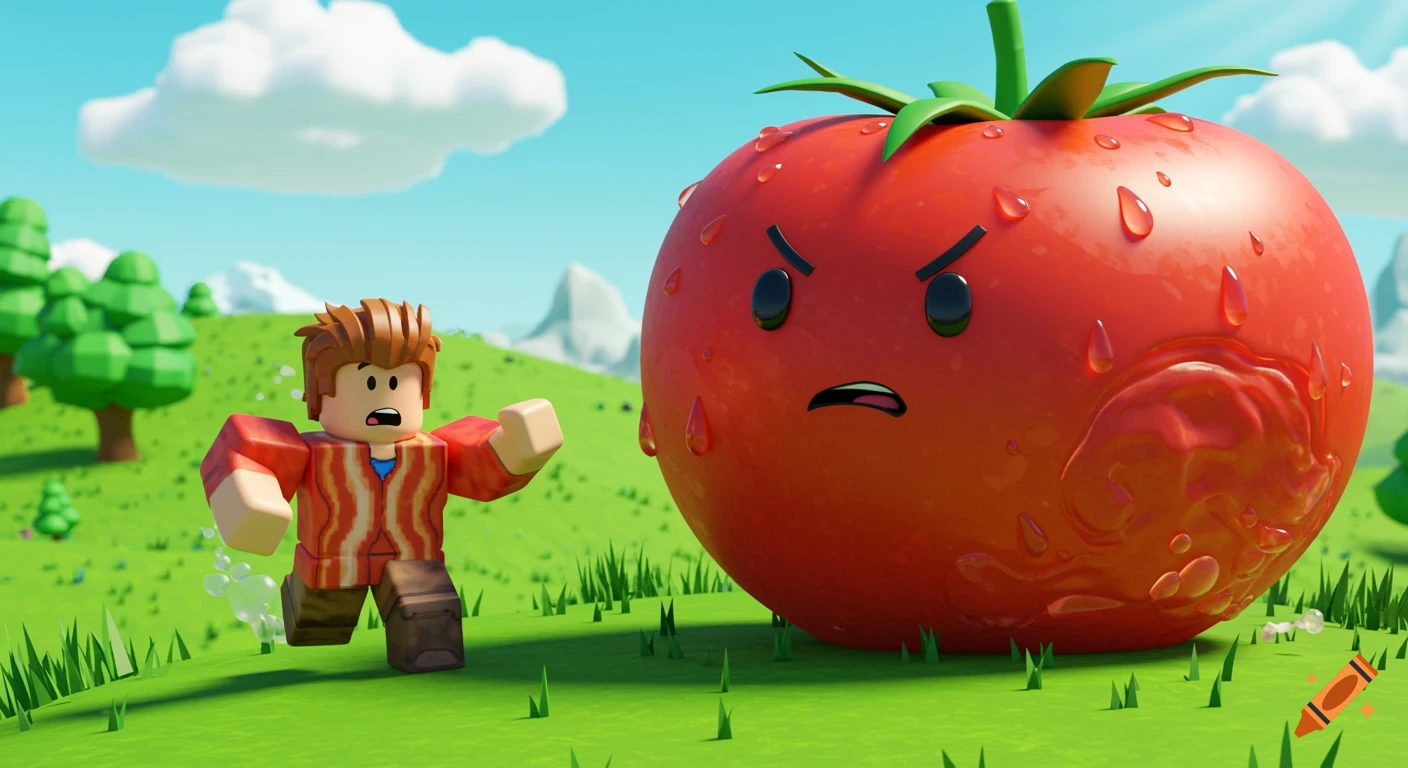 A Roblox character with bacon hair runs from a giant, angry, red tomato in a bright green landscape under a blue sky.