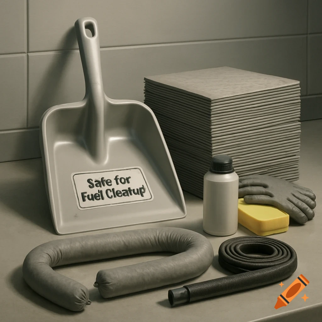 Photorealistic image of gray spill containment tools, including a dustpan with a "Safe for Fuel Cleatup" label, absorbent pads, a bottle, gloves, and a spill boom.