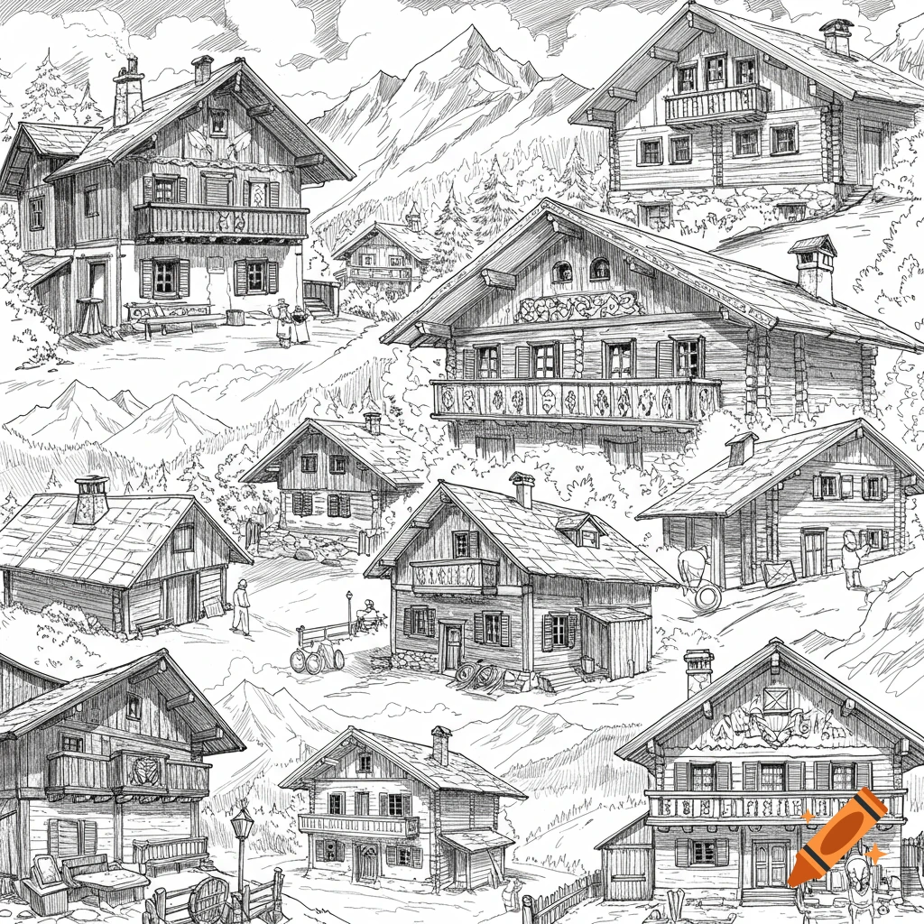 Detailed black and white sketch of multiple Alpine buildings and chalets in a mountainous landscape.