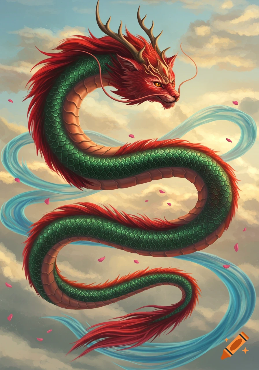 A vibrant red and green Chinese dragon with cat-like features flies amidst clouds with falling pink petals.