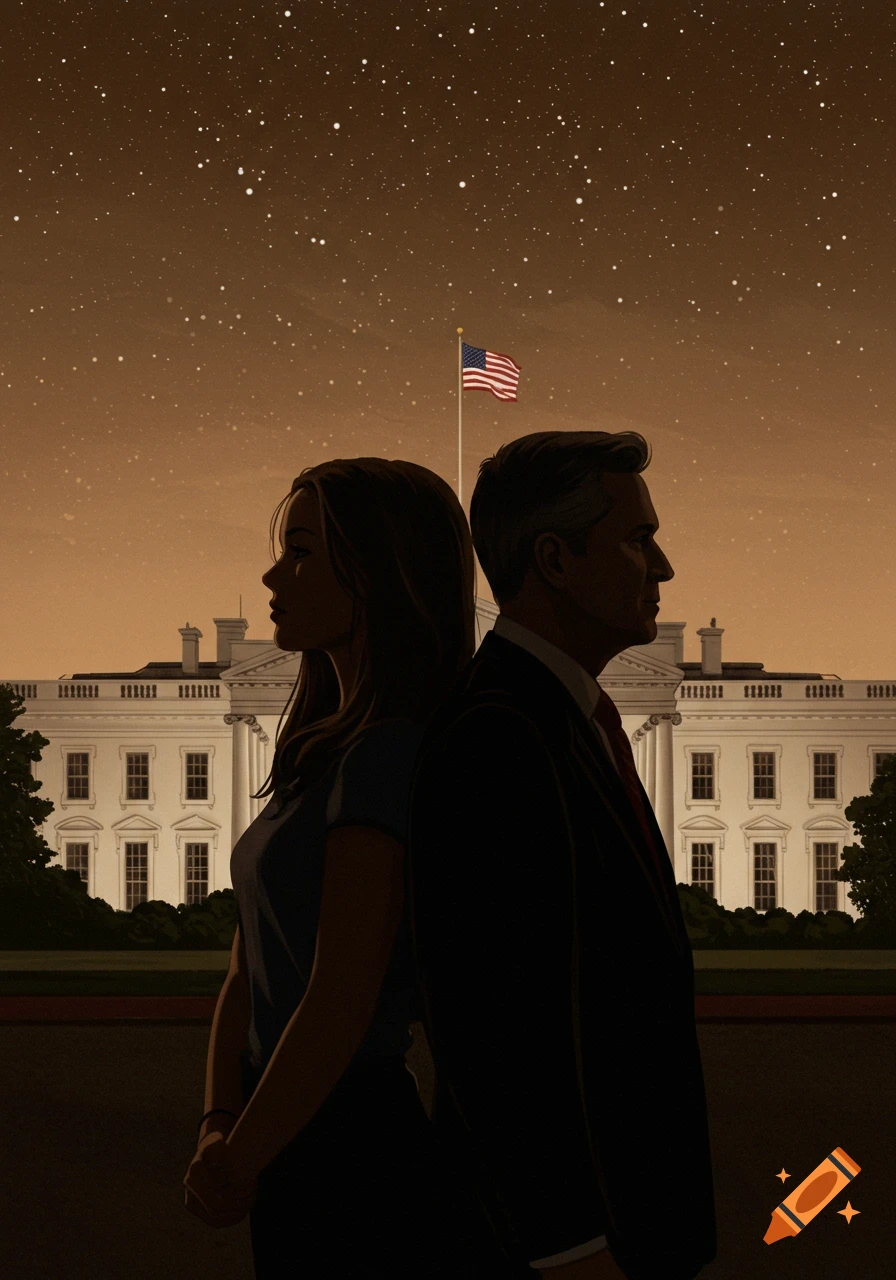 A stylized illustration of a woman and a man in silhouette, standing back-to-back, with the White House and an American flag behind them under a starry sky.