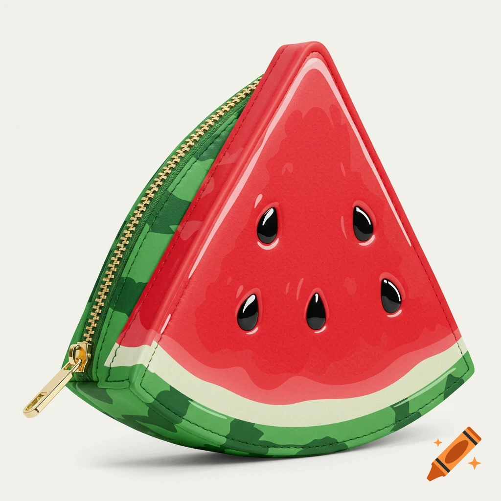 A photorealistic render of a watermelon slice-shaped pouch with a gold zipper.