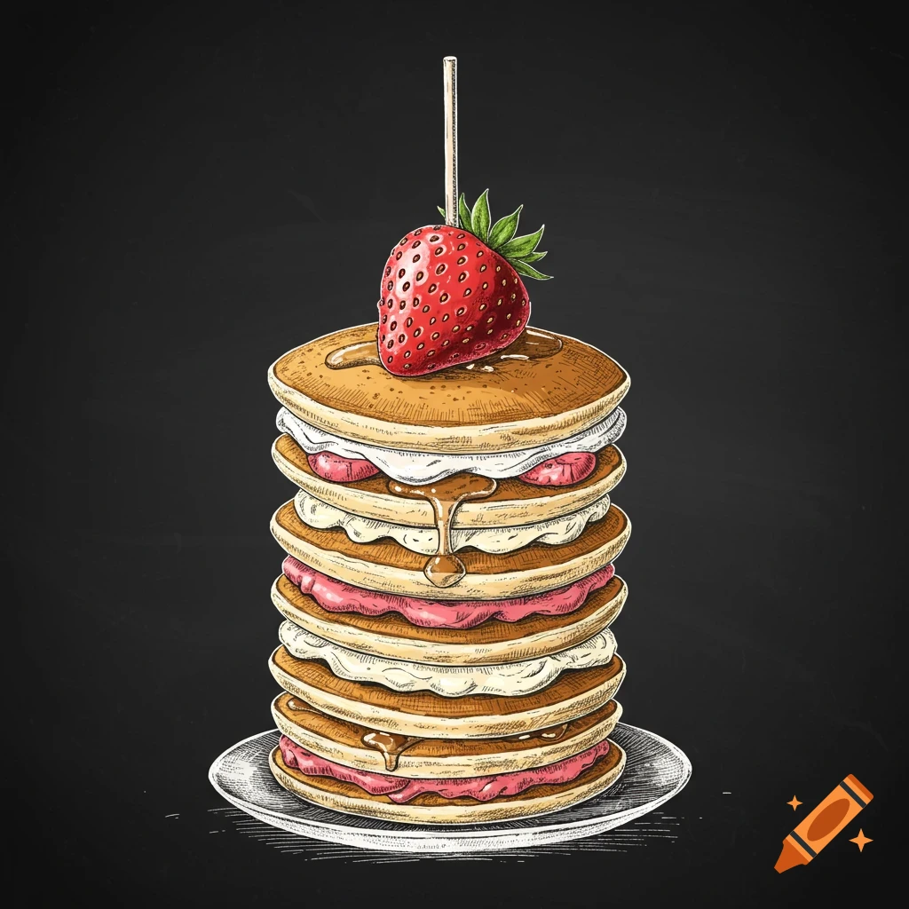 Hand-drawn stack of pancakes with cream, strawberry, and syrup on a skewer, on a chalkboard background.