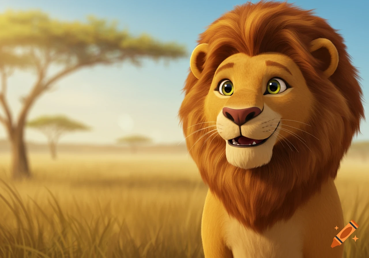 A friendly, cartoon male lion with a big mane smiles in a golden savanna with acacia trees under a blue sky.