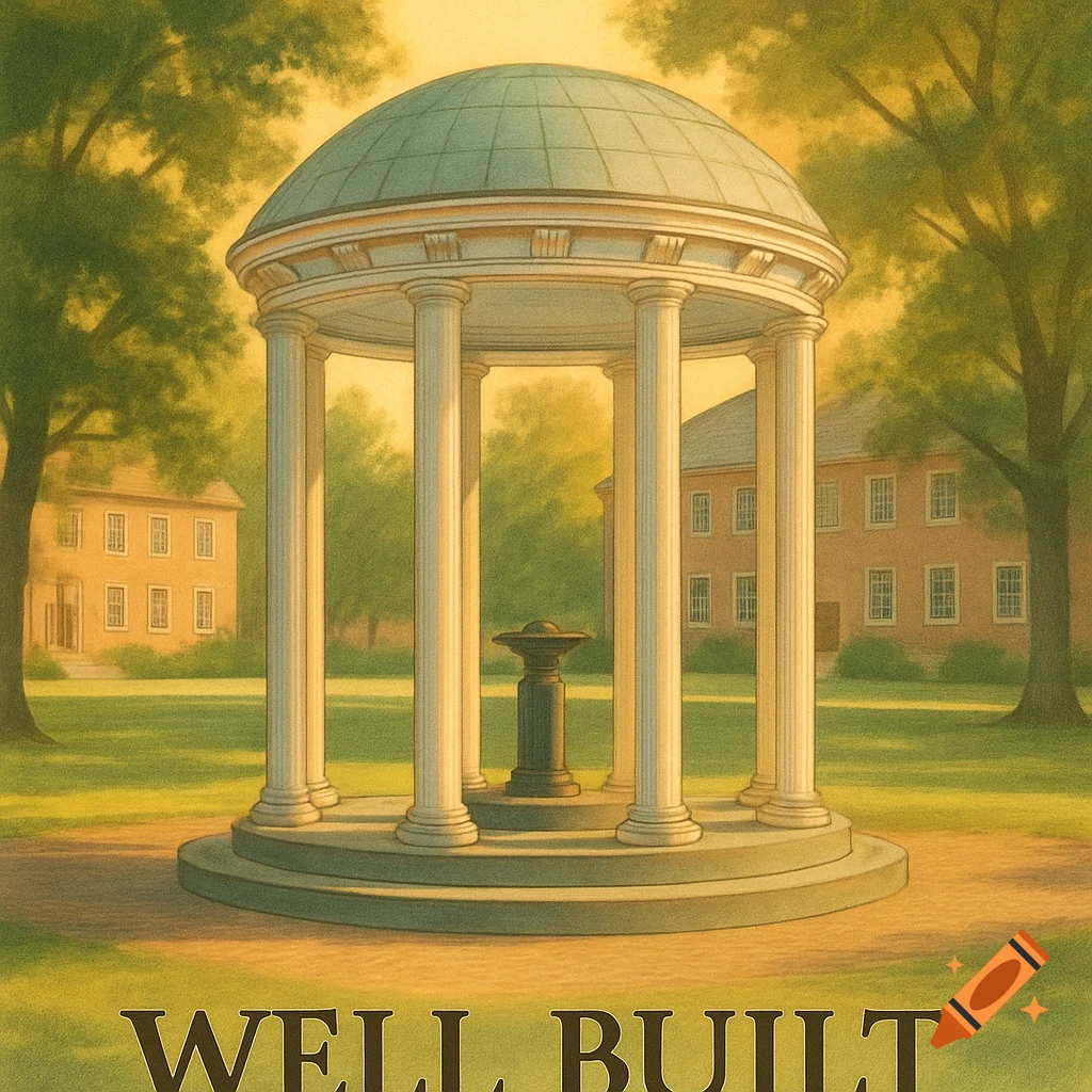 A classical columned well structure in a grassy park with trees and buildings in the background, with 'WELL BUILT' written below.