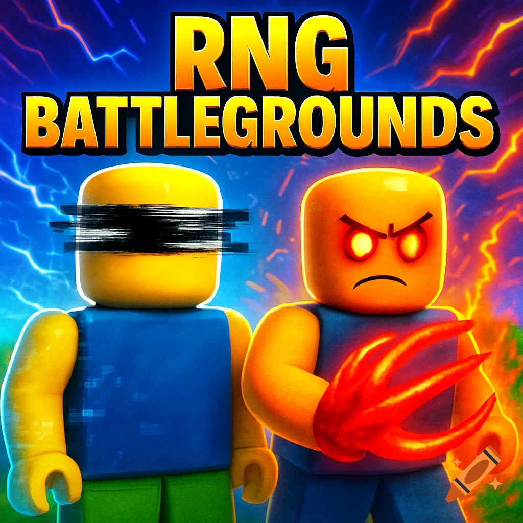 Roblox game thumbnail with two noobs, one with glitch eyes and one with red glowing eyes and fiery claws, under 'RNG BATTLEGROUNDS' text.