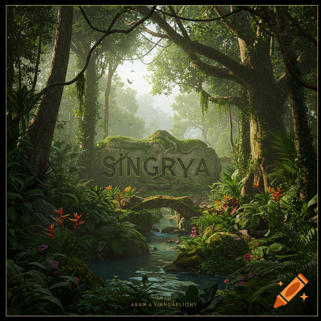 Lush, sunlit jungle scene with a river, ancient stone bridge, and a large stone carved with the word 'SINGRYA'.
