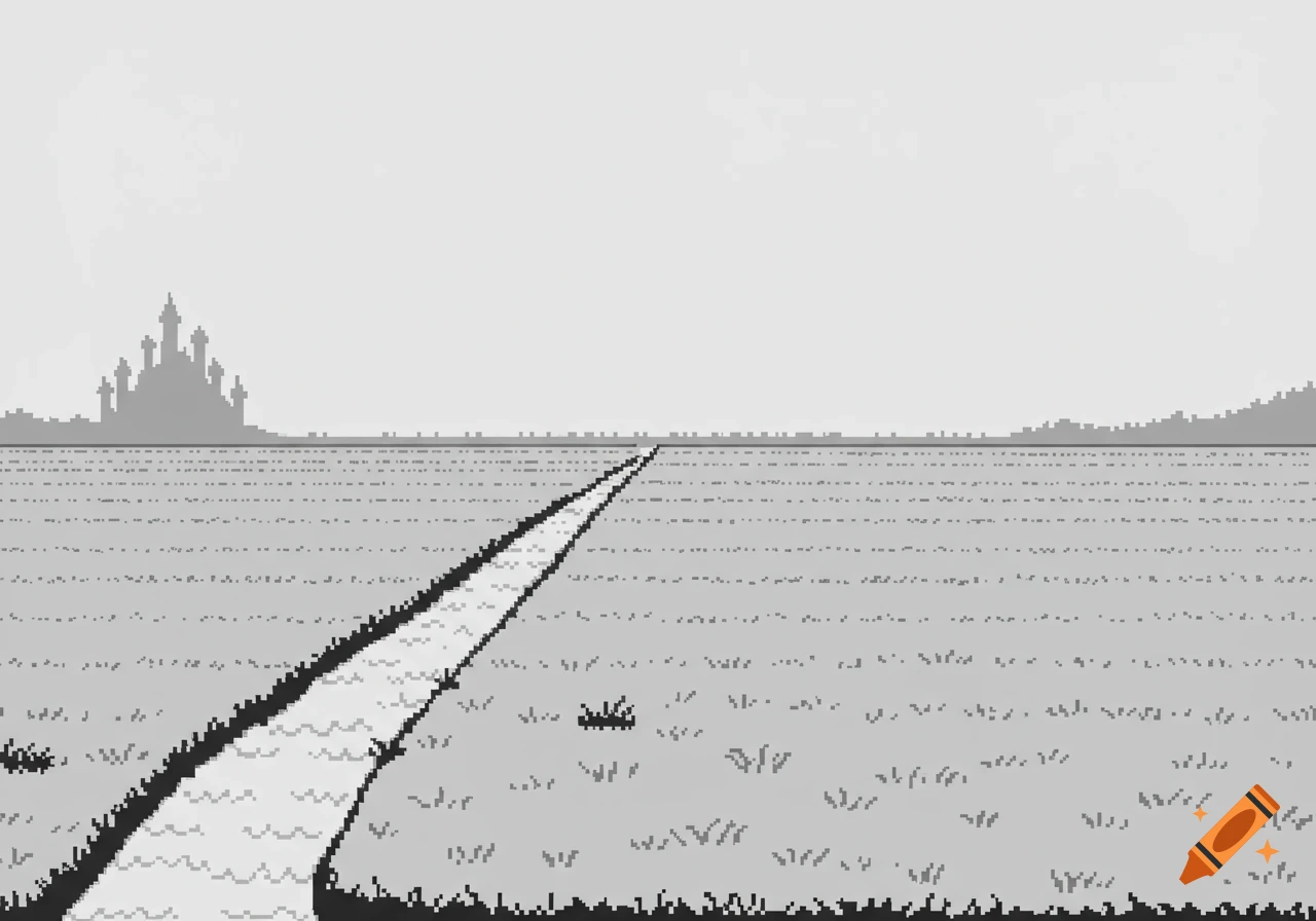 A grayscale pixel art landscape featuring a winding path leading to a castle in the distance, reminiscent of an 8-bit video game.