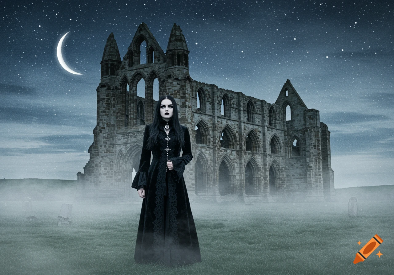 A goth woman in a black dress stands in a misty field before the ruins of Whitby Abbey under a starry night sky with a crescent moon.