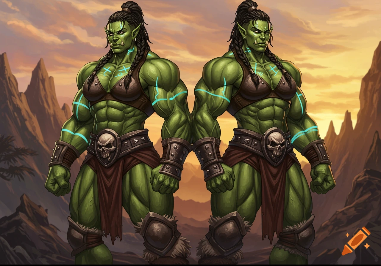 Two muscular green-skinned female orcs with braided hair and tribal markings, wearing leather armor, stand in a mountainous fantasy landscape under an orange sky.