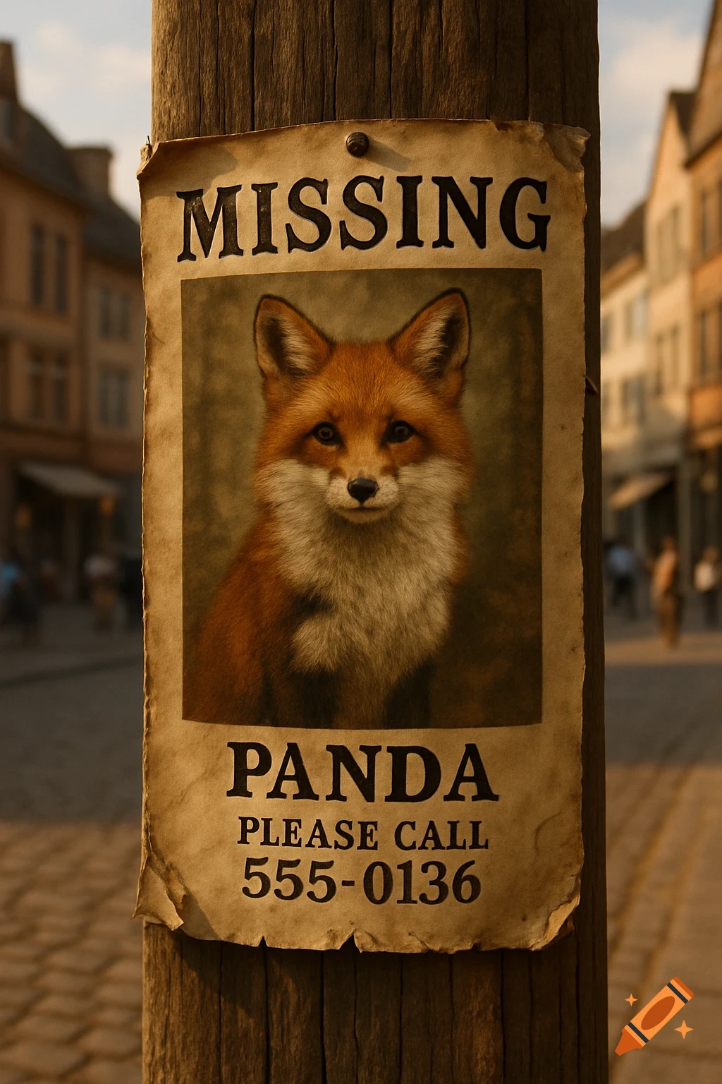 Photorealistic missing poster of a red fox named Panda on a wooden pole in a sunlit street.