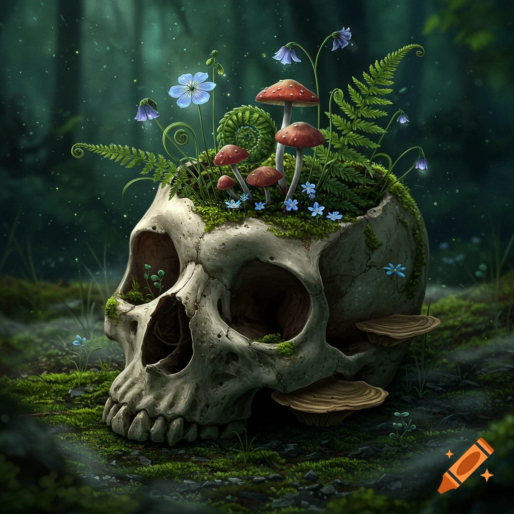 A weathered human skull on a mossy forest floor, with mushrooms, ferns, and blue flowers growing from its top.