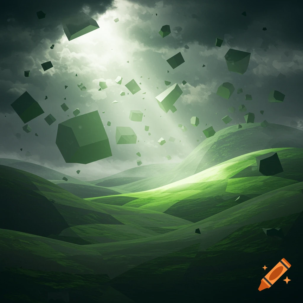 An abstract landscape with rolling green hills under a stormy grey sky, with light breaking through the clouds. Numerous green geometric cubes float in the air.
