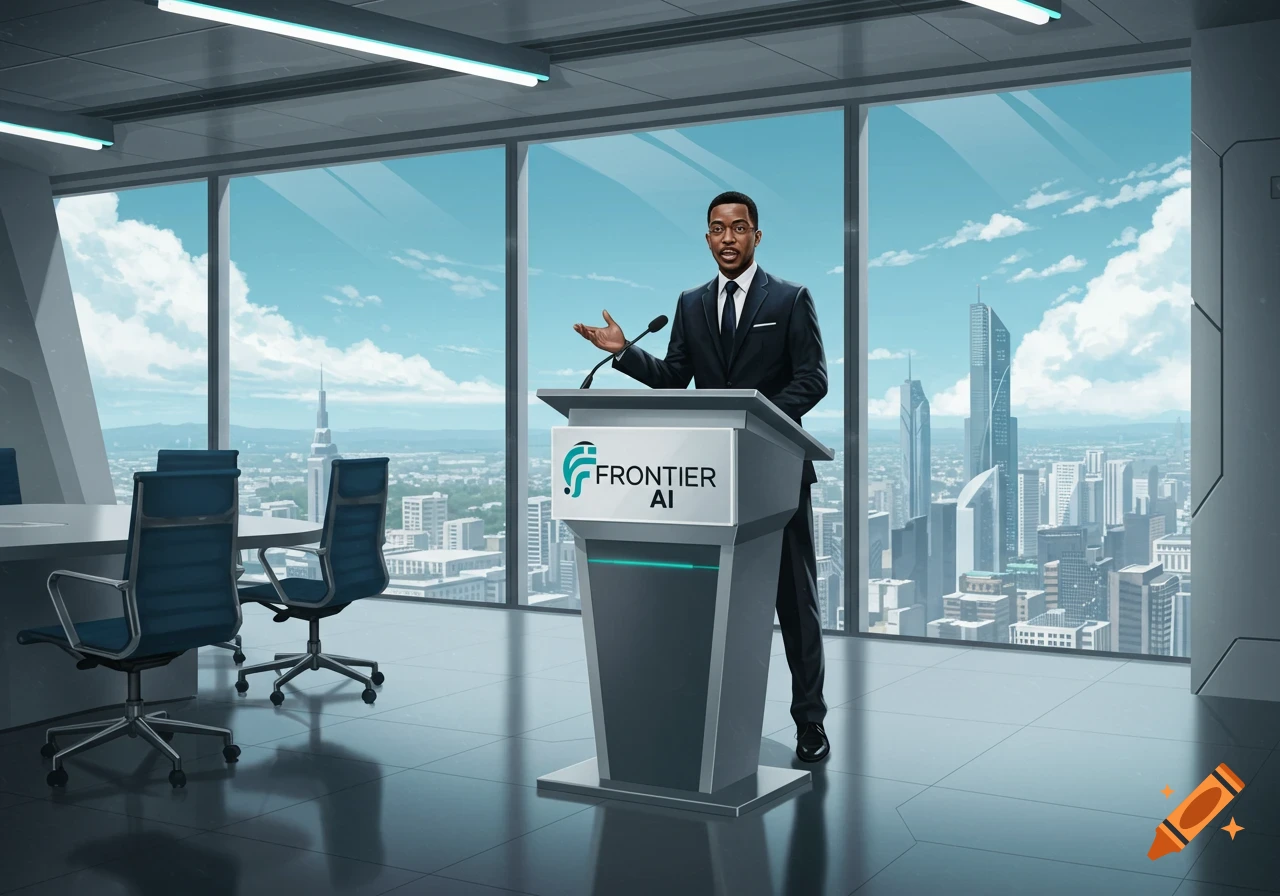 A man in a suit speaks from a podium with 'FRONTIER AI' logo in a modern office overlooking a city skyline.