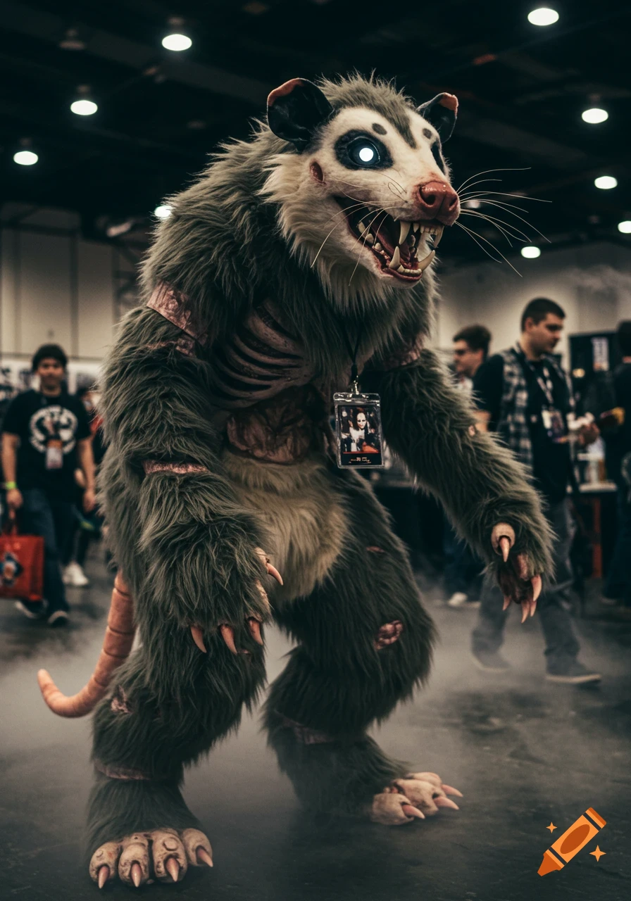 A person in a detailed, creepy opossum-like fursuit with glowing eyes and fangs stands in a convention hall amidst other attendees, shrouded in mist.
