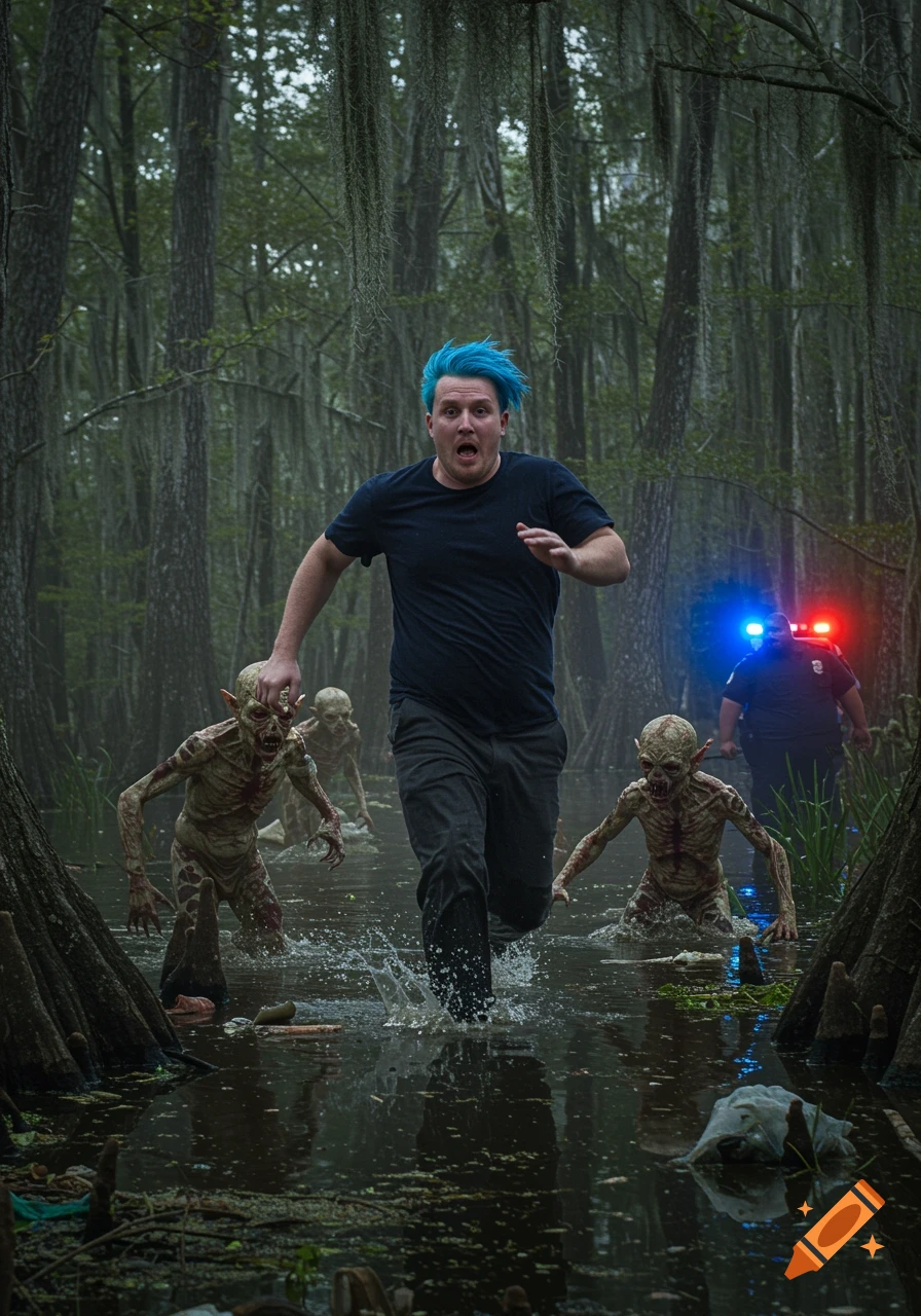 A man with blue hair runs through a trash-filled Louisiana bayou, splashing water, pursued by goblins and a police officer.