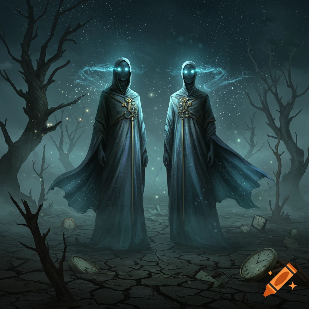 Two robed figures with glowing eyes stand in a desolate, dark landscape with dry trees and scattered clocks. Dark fantasy art.