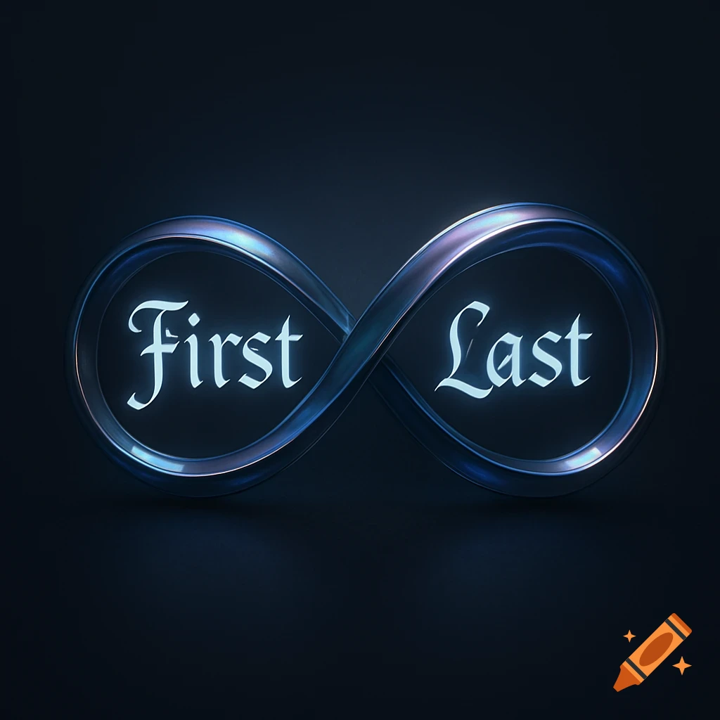 Glowing blue metallic infinity symbol with 'First' on one side and 'Last' on the other, on a dark background.