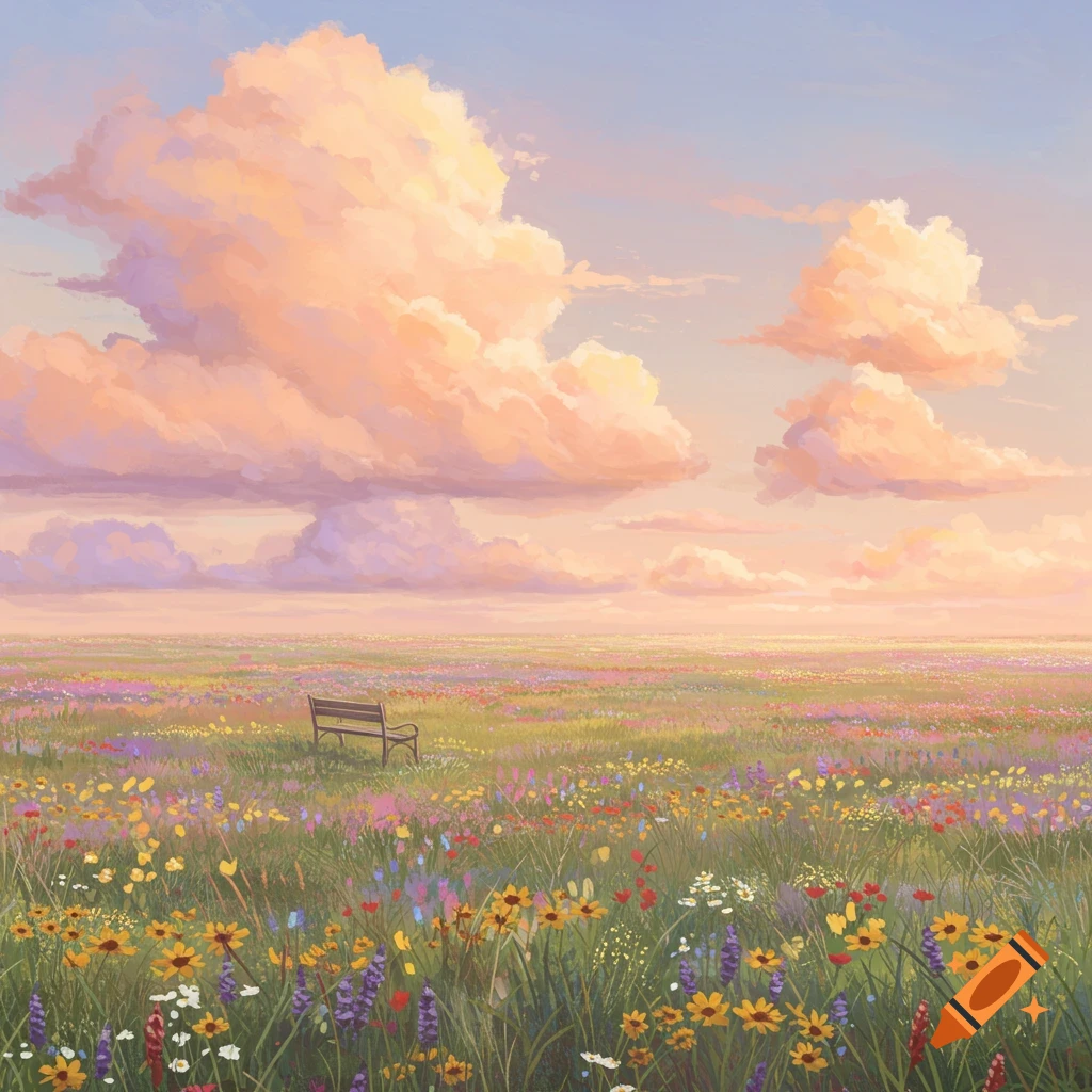 A painted serene landscape featuring a field of colorful wildflowers under a vast sky with large, soft orange clouds, and a solitary wooden bench.