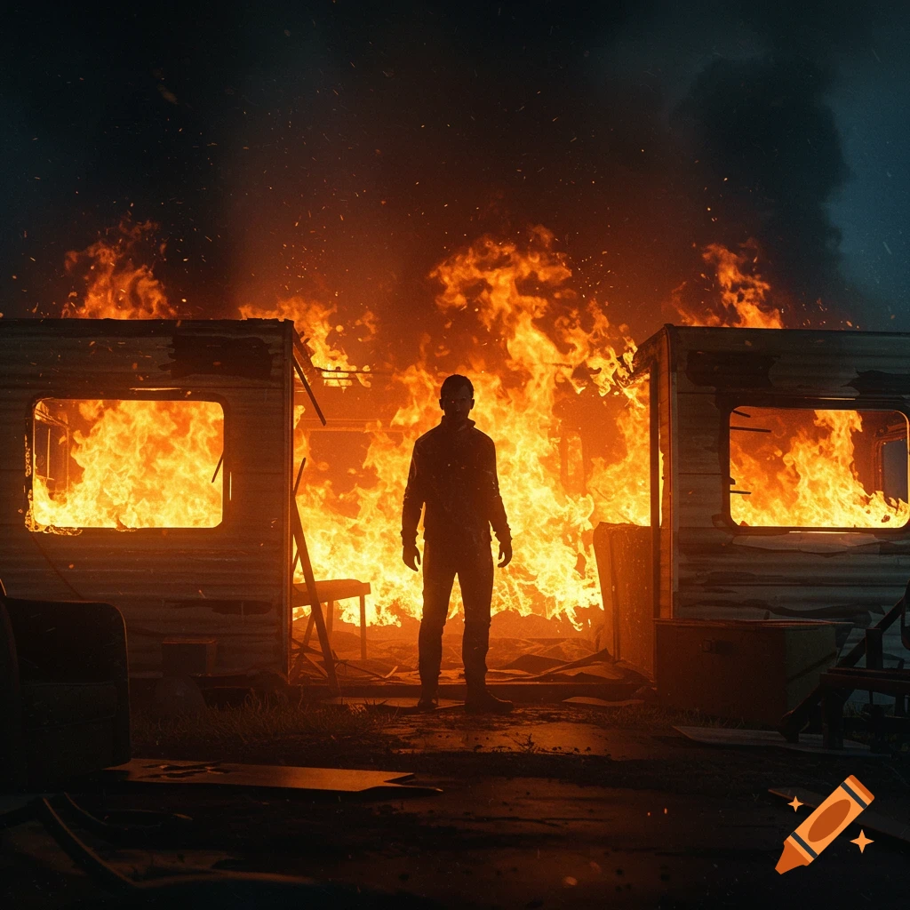 A silhouetted person stands in front of two trailers engulfed in large, dramatic flames at night.