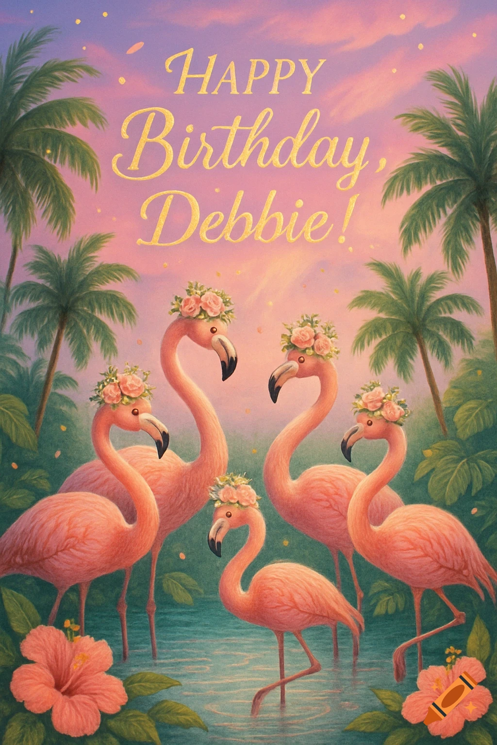 Birthday card with 'Happy Birthday, Debbie!' text, featuring five pink flamingos with flower crowns in a tropical setting with palm trees and hibiscus flowers.