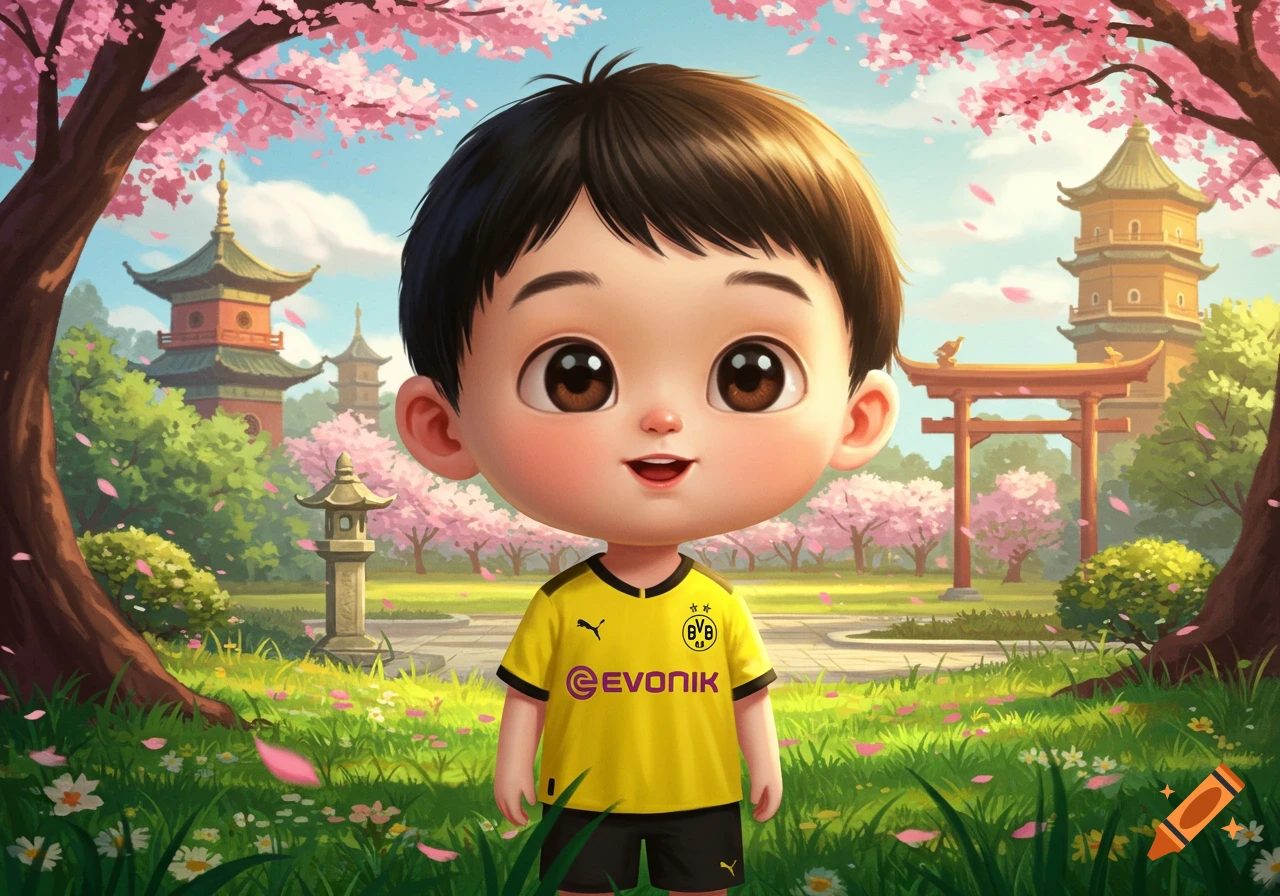 A cute big-headed cartoon boy wearing a yellow Borussia Dortmund soccer jersey in a park with cherry blossoms and pagodas.